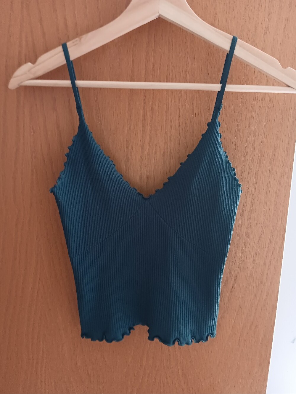 Ribbed V-Neck Spaghetti Strap Tank Top - Teal